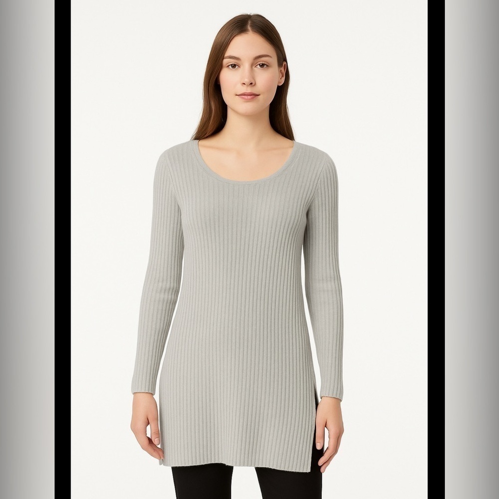 Christopher Fischer 100% Cashmere Ribbed Split Hem Neutral Sweater Sz Medium